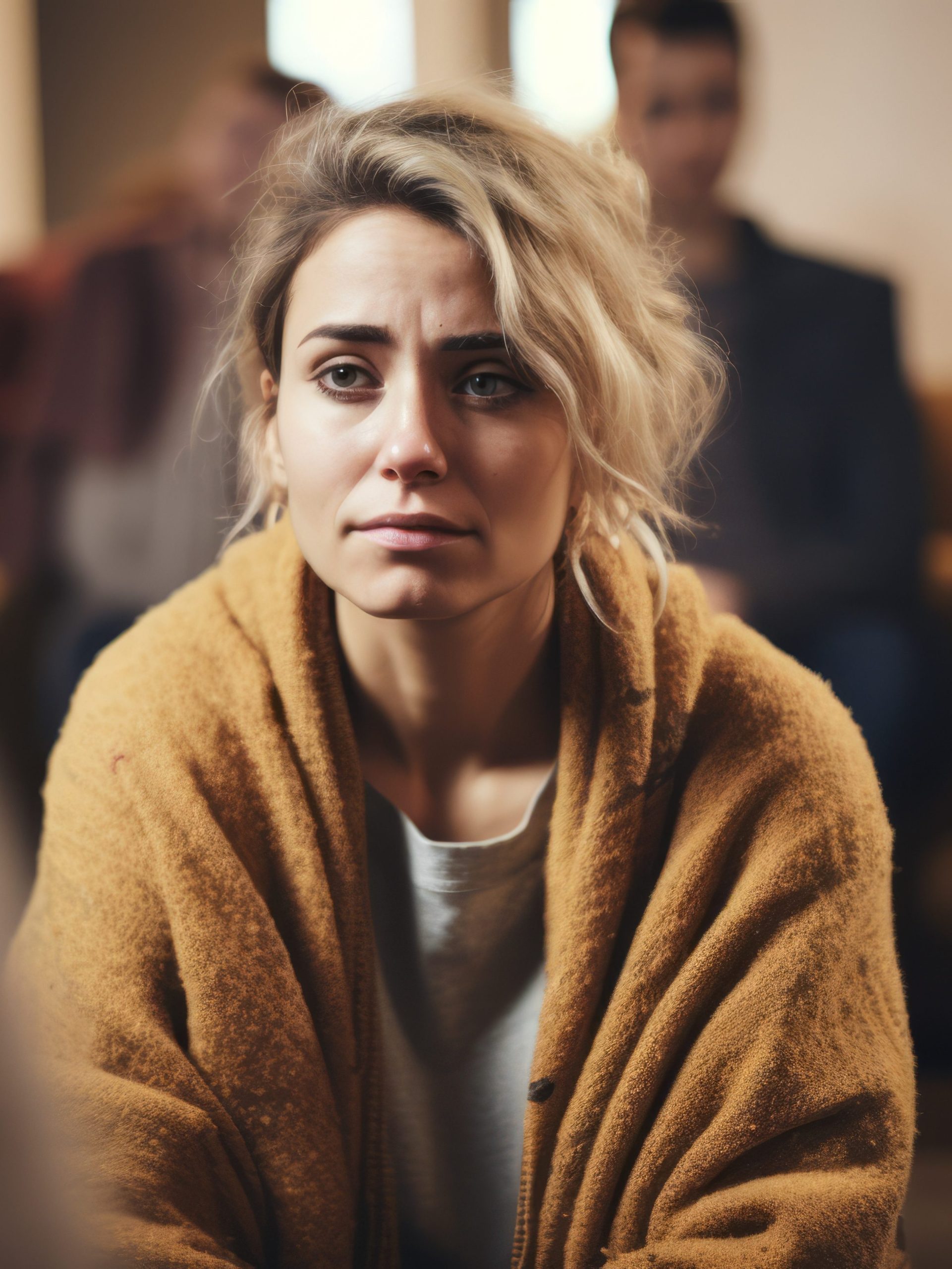 Sad depressed Woman at support group meeting for mental health and addiction issues in anonymous community space with many people around