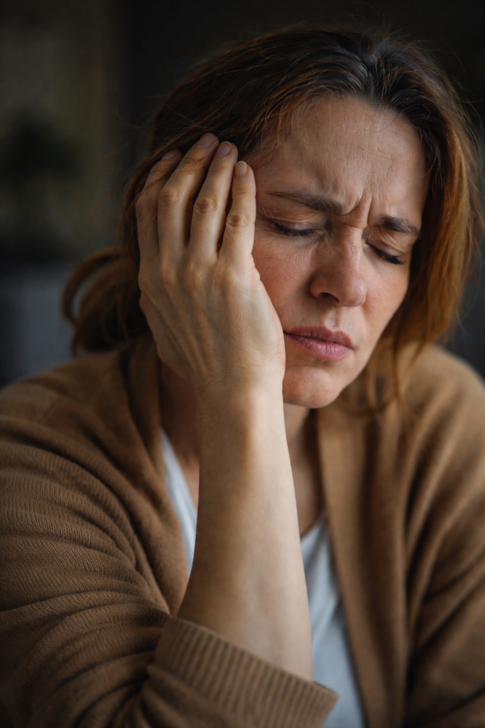 Woman pressing her hand to the side of her face with a pained expression.