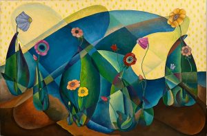 Abstract geometric landscape painting with overlapping blue and green hills and stylized flowers, set against a yellow sky with dotted pattern