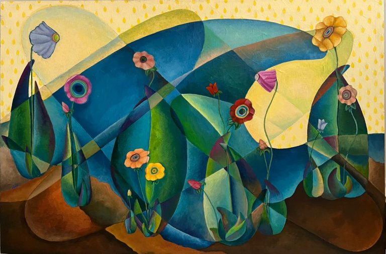 Abstract geometric landscape painting with overlapping blue and green hills and stylized flowers, set against a yellow sky with dotted pattern